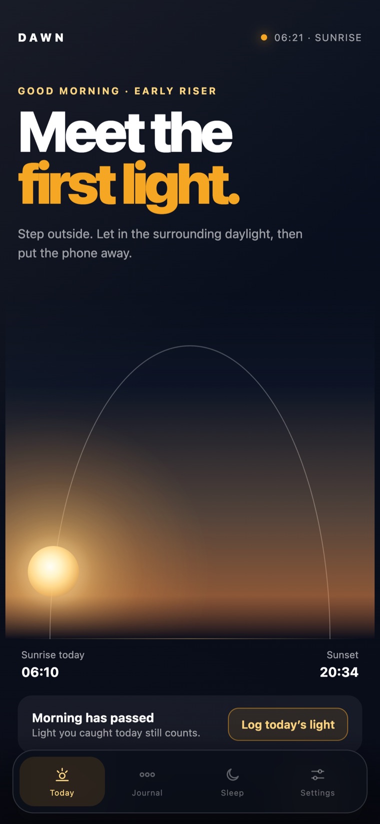 The DAWN app at sunrise: the sun riding its arc, today's window open.